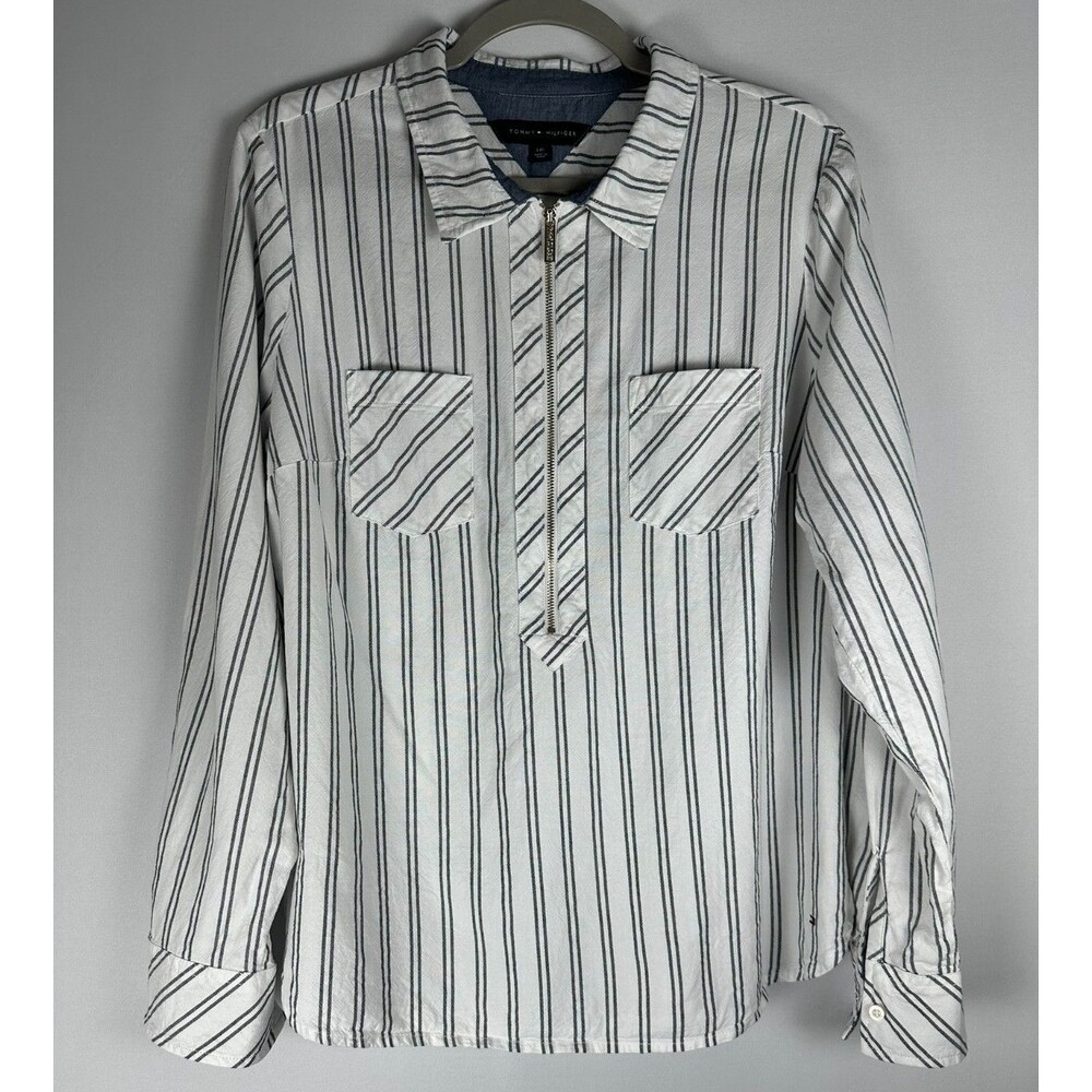 Tommy Hilfiger Striped Half Zip Blouse L Roll Tab Sleeve Nautical Preppy Coastal